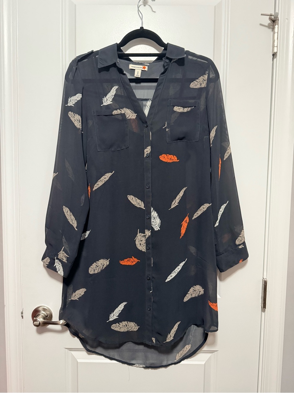 Old Navy Grey Sheer Button-Up Shirt Dress with Feather Detail
